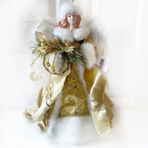 NWT Ashland Angel Gold Sequin White Faux Fur Christmas Tree Topper Tabletop 16”